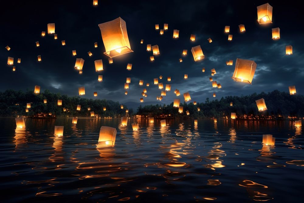 Floating lanterns river lighting illuminated tranquility. 