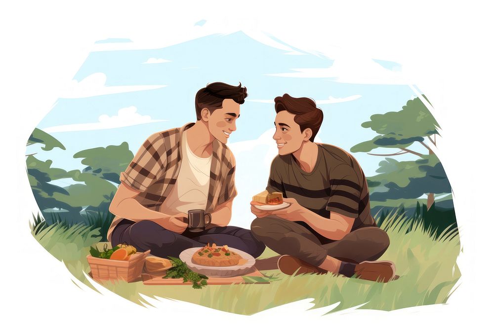 Gay couple picnic illustration adult food meal. AI generated Image by rawpixel.