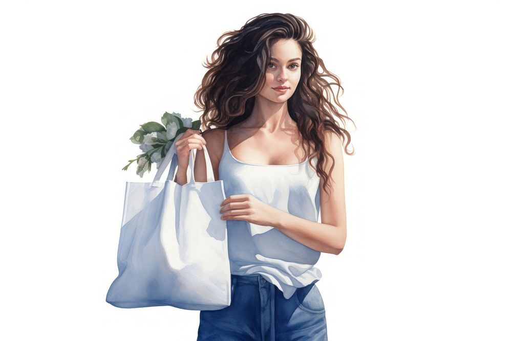 Girl holding tote bag watercolor handbag adult consumerism. AI generated Image by rawpixel.