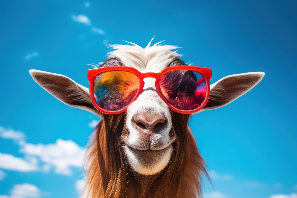 A goat wearing summer sunglasses livestock mammal animal. 