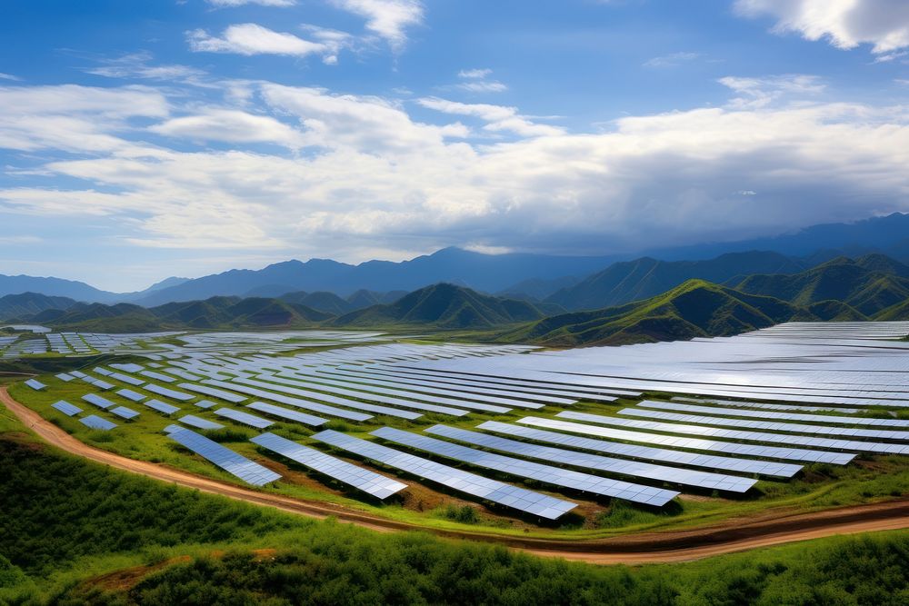 Solar farm outdoors green sun. 