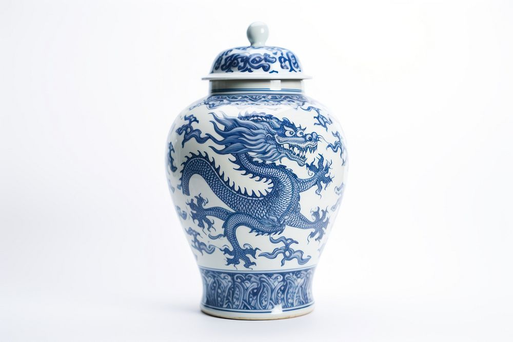 Jar blue dragon porcelain china pottery art white background. 