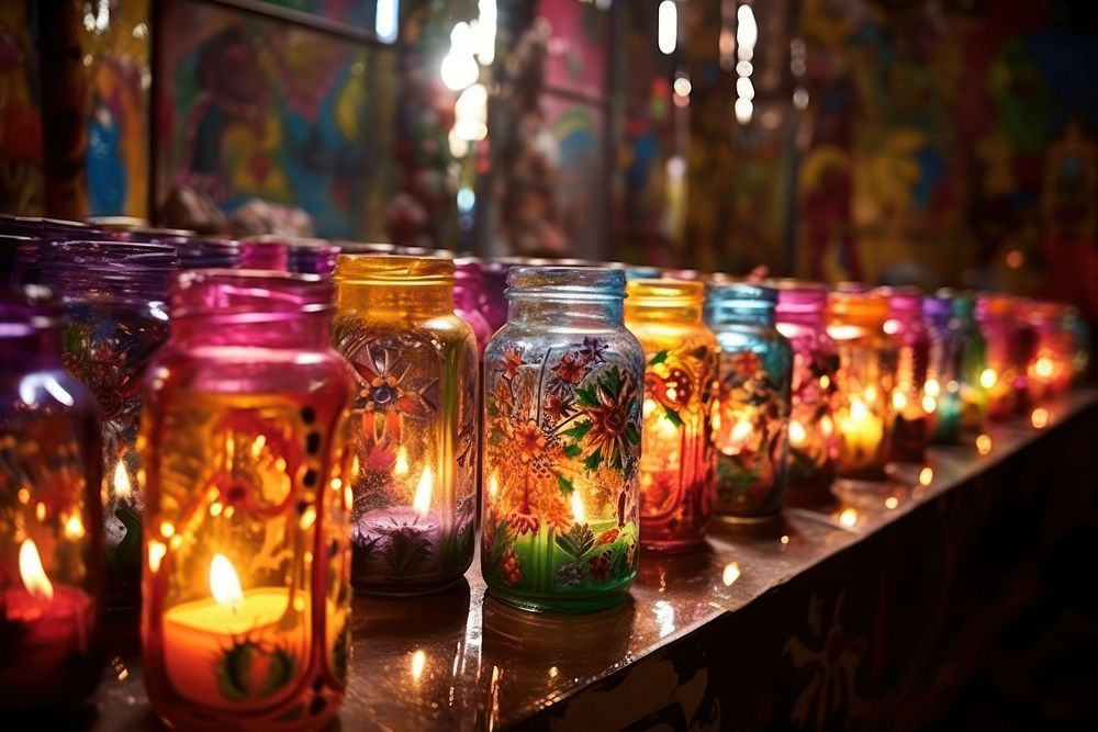 Mexican church candles illuminated arrangement creativity. 