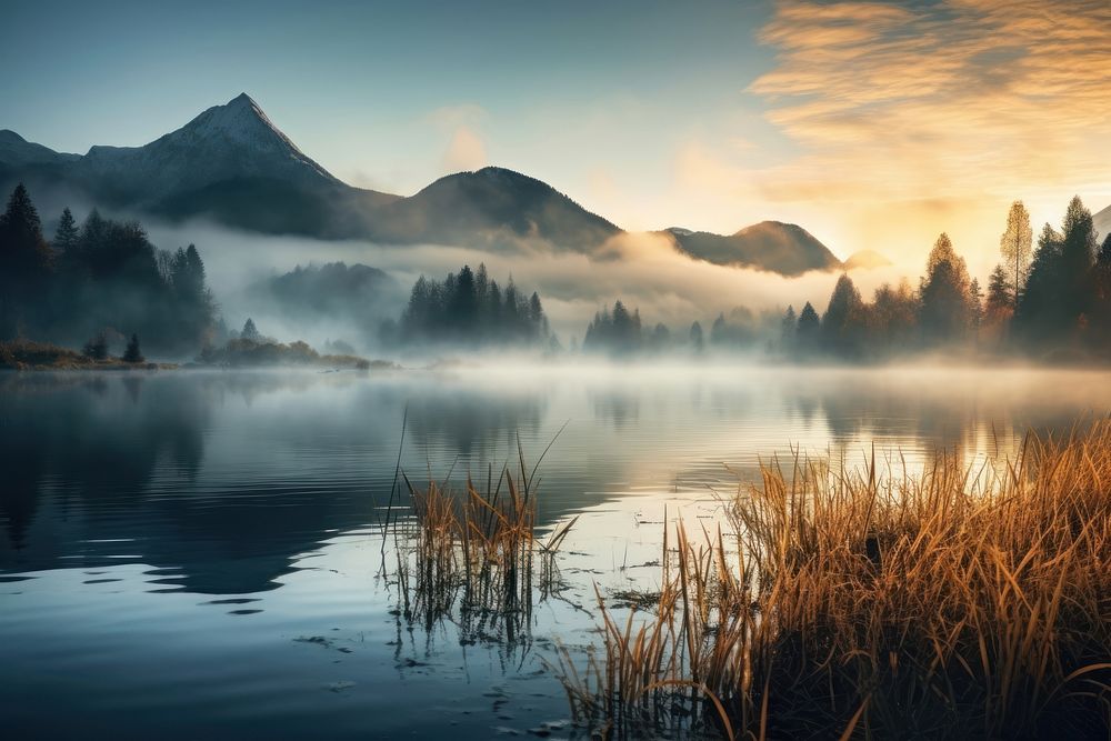 Lake nature mist landscape. AI generated Image by rawpixel.