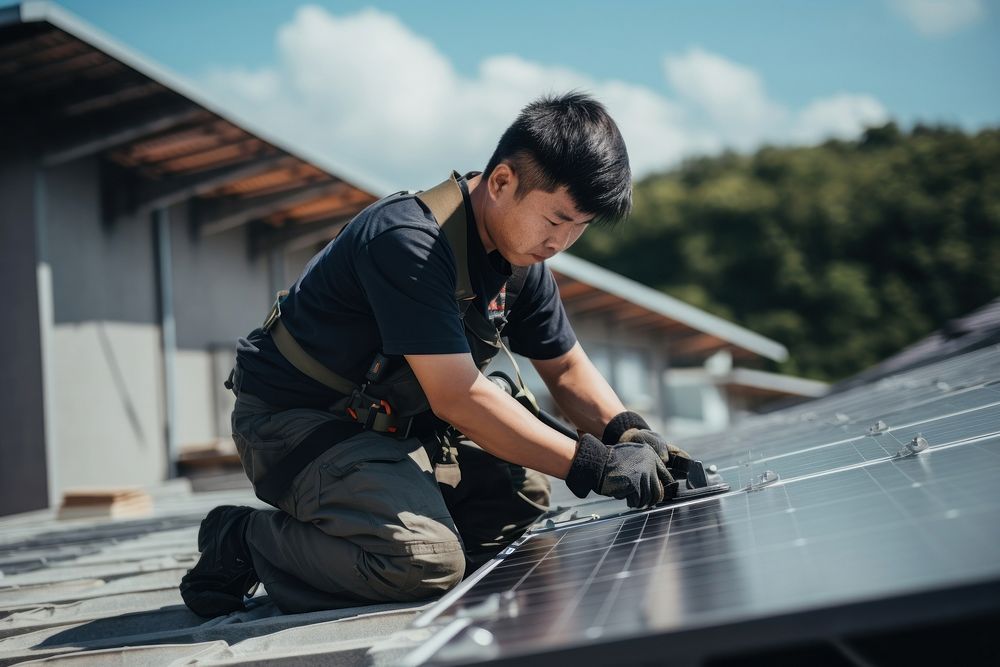 Engineer fixing solar panel adult roof transportation. AI generated Image by rawpixel.