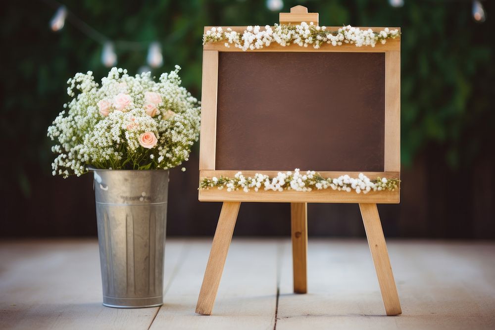 Blackboard wedding sign flower plant wood. AI generated Image by rawpixel.