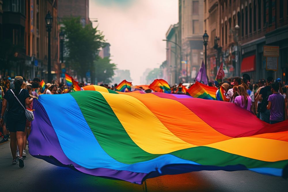 Pride month parade adult flag architecture. AI generated Image by rawpixel.