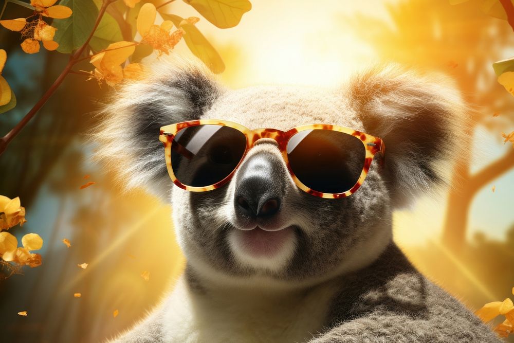 Koala wearing summer sunglasses portrait mammal animal. 