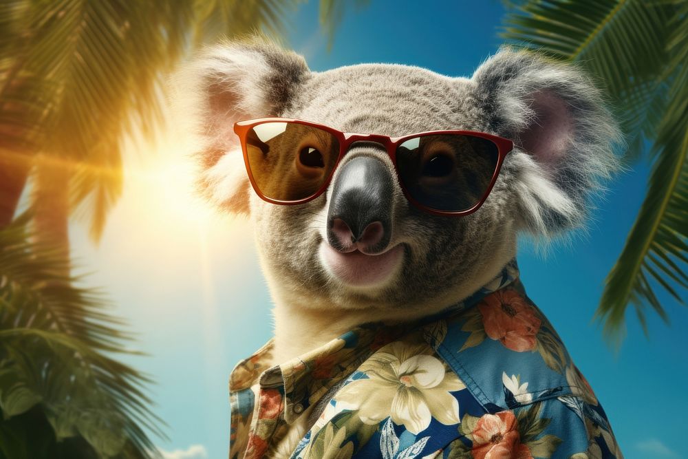 Koala wearing summer sunglasses portrait outdoors mammal. 