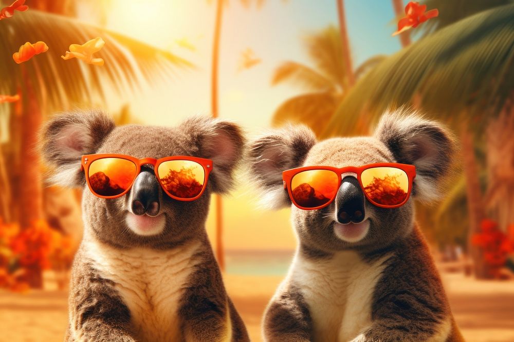 Cute koala wearing summer sunglasses portrait mammal animal. 