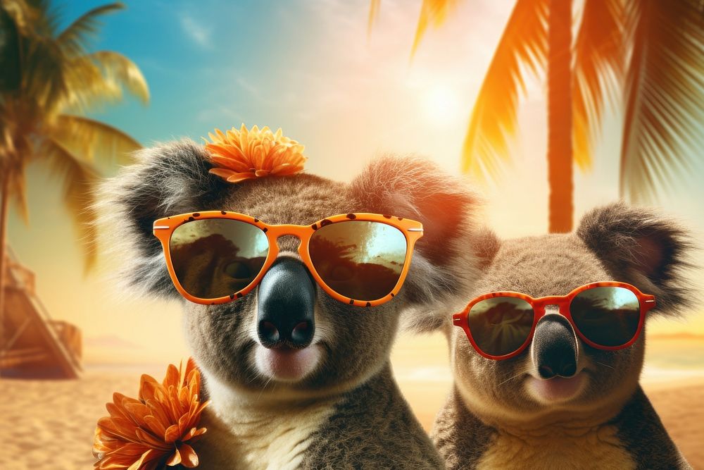 Cute koala wearing summer sunglasses portrait outdoors mammal. 