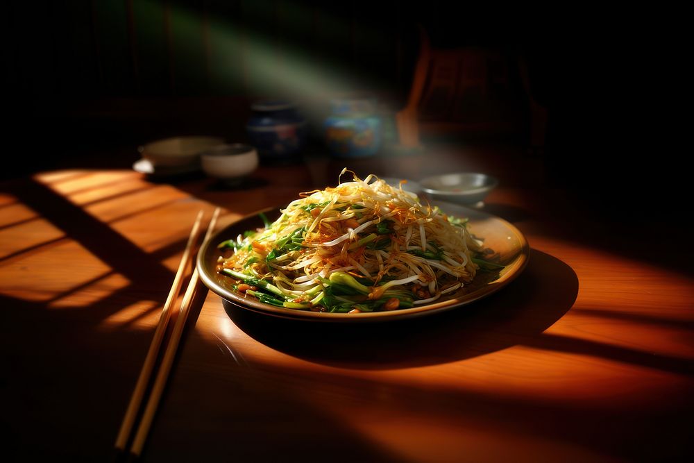 Stir-fried beansprout chopsticks plate table. AI generated Image by rawpixel.