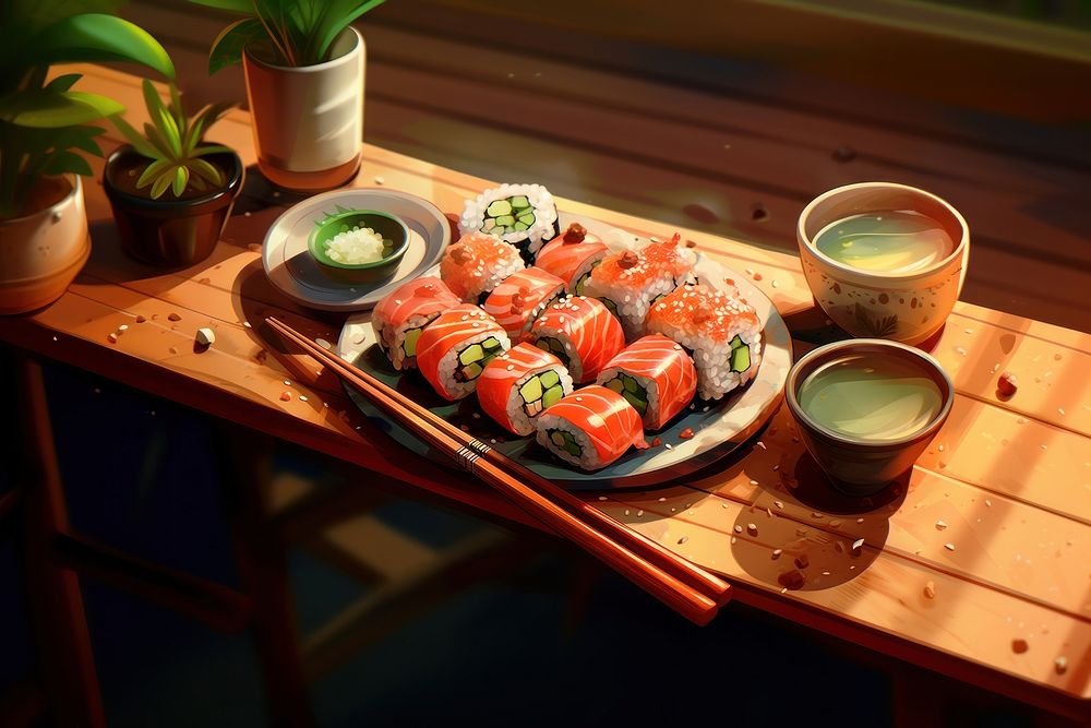 Sushi chopsticks food meal. AI generated Image by rawpixel.