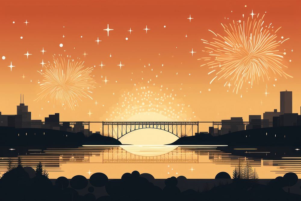 Fireworks bridge night sky. AI generated Image by rawpixel.