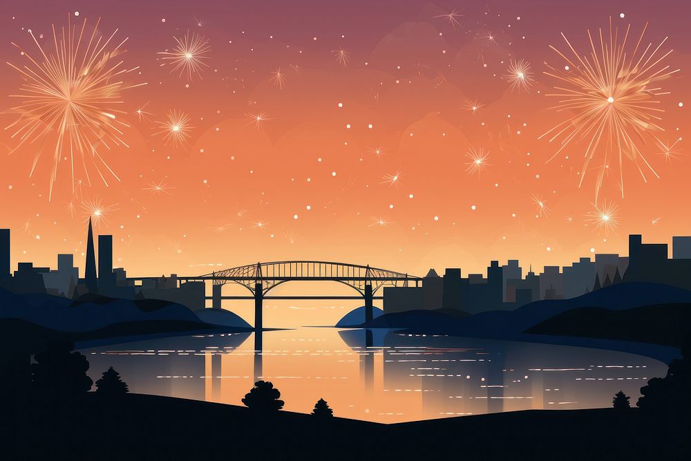 Fireworks bridge night sky. 