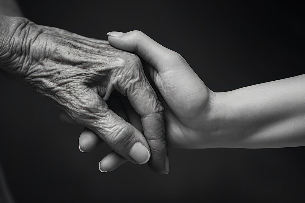Women holding old woman hand finger black monochrome. AI generated Image by rawpixel.