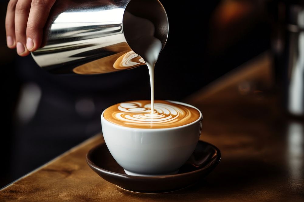 Barista pouring milk coffee making latte. 