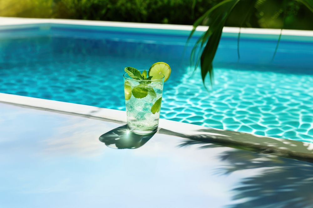 a photo of a mojito cocktail laying near a cool blue pool.  