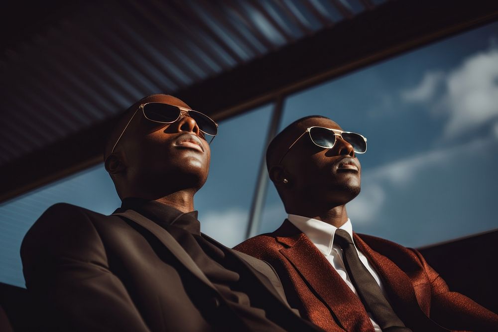 photo of african American men look up the same way, wear suit and sunglasses.  