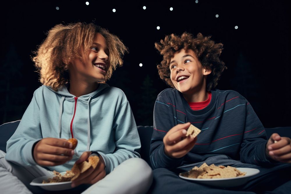 Two diversity cool kids eating snack adult food fun. AI generated Image by rawpixel.