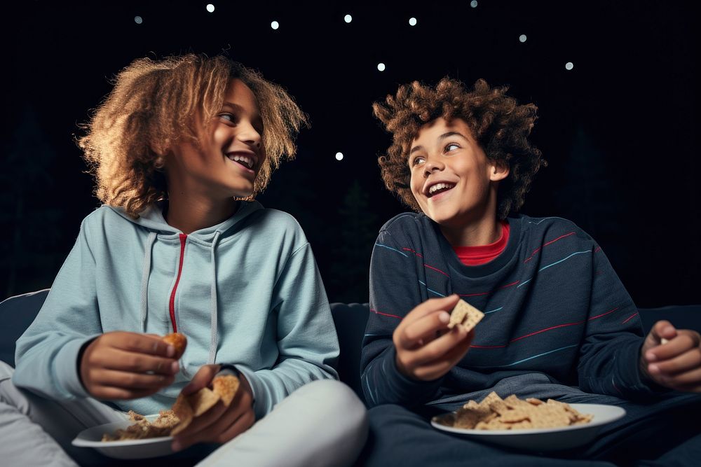 Two diversity cool kids eating snack adult food fun. 