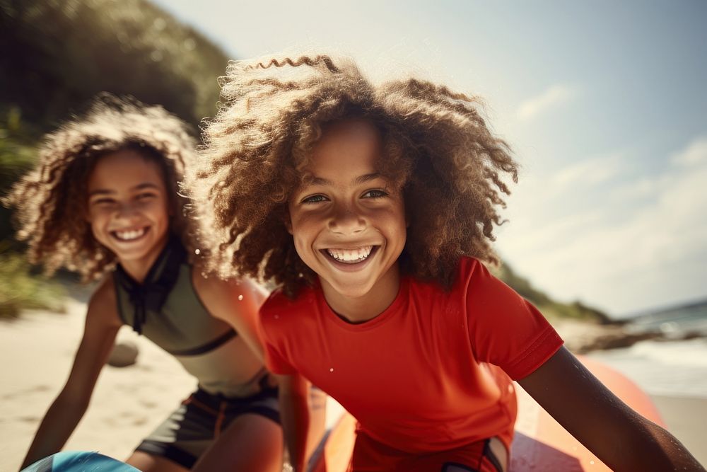 Two diversity cool kids surfing smile photography laughing. AI generated Image by rawpixel.