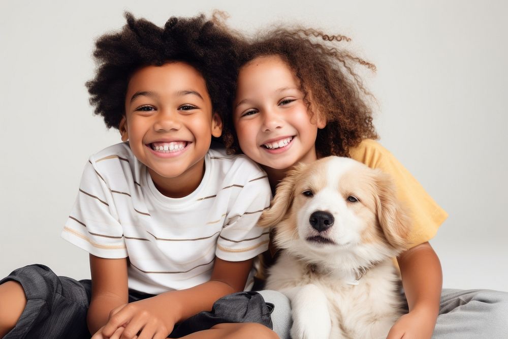 Kids hugging a dog photography portrait mammal. AI generated Image by rawpixel.
