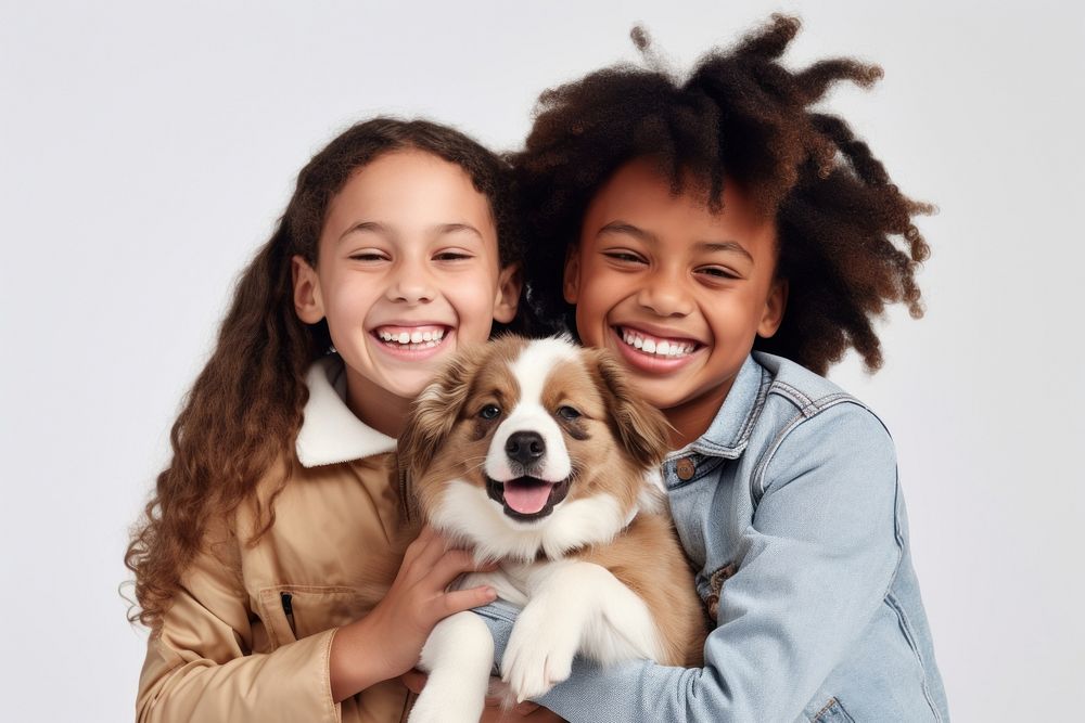 Kids hugging a dog smile photography laughing. AI generated Image by rawpixel.