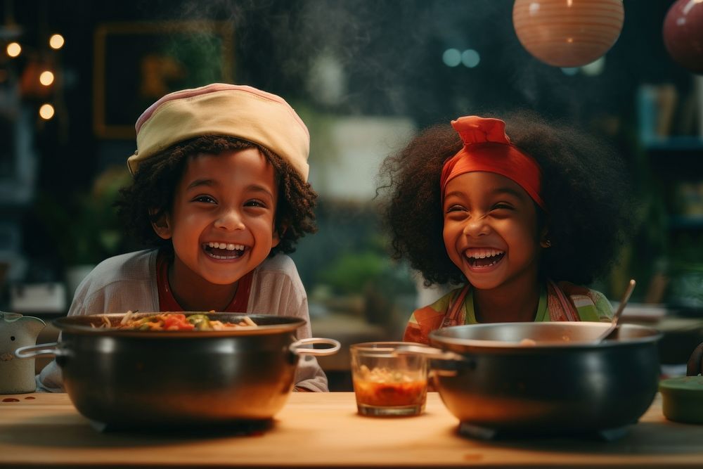 Two diversity kids having hot-pot smile photography laughing. AI generated Image by rawpixel.
