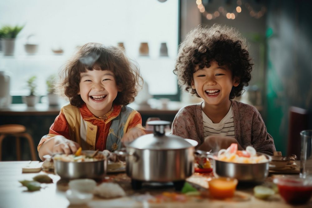Two diversity kids having hot-pot smile laughing child. AI generated Image by rawpixel.