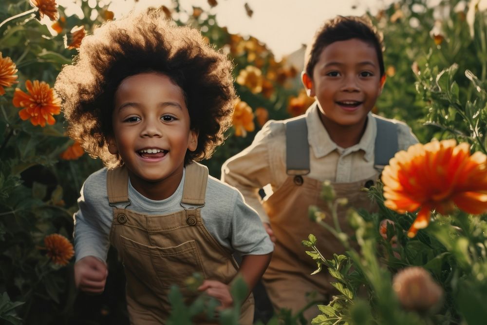 Kids running flower outdoors child. AI generated Image by rawpixel.