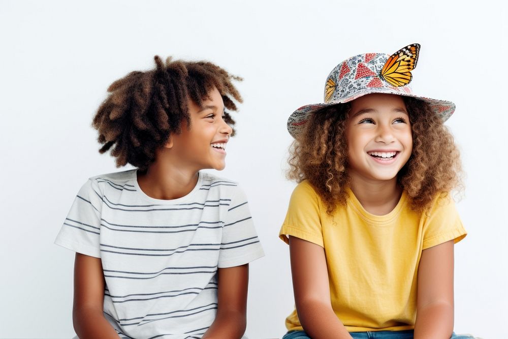 Kids watching a butterfly smile laughing child. AI generated Image by rawpixel.