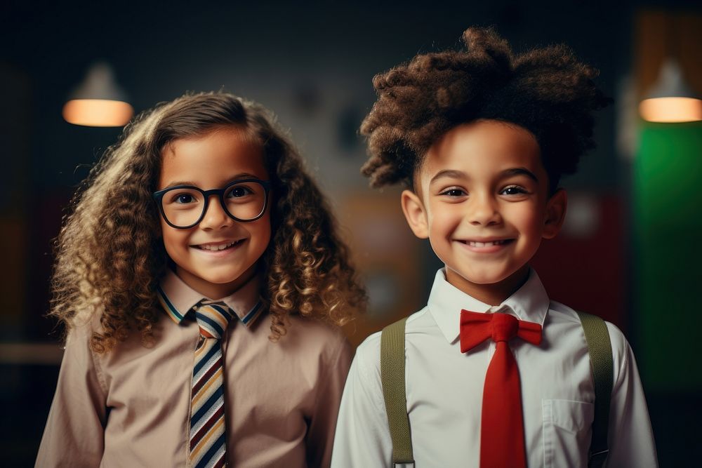 Two diversity kids wearing teacher costume photography portrait glasses. 