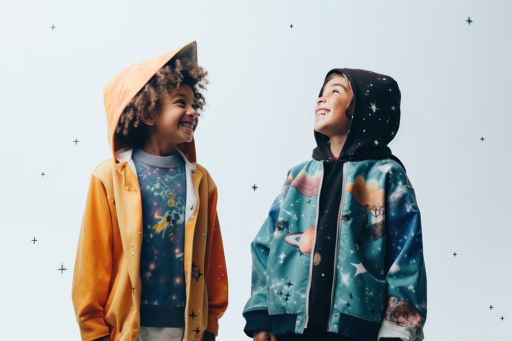 Kids wearing astronomy costume laughing adult smile. 