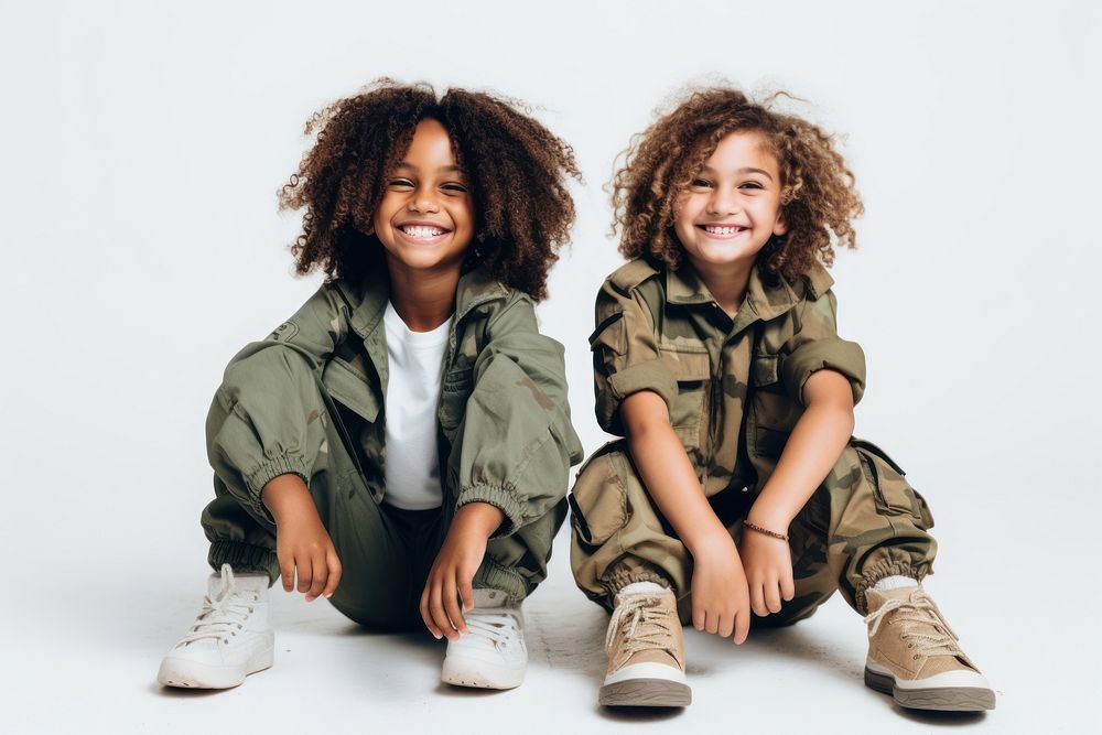 Kids wearing solider costume photography military footwear. 