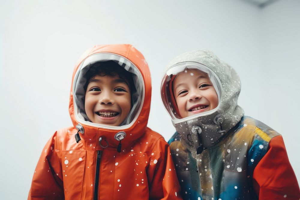 Two diversity kids wearing astronomy costume photography portrait adult. 