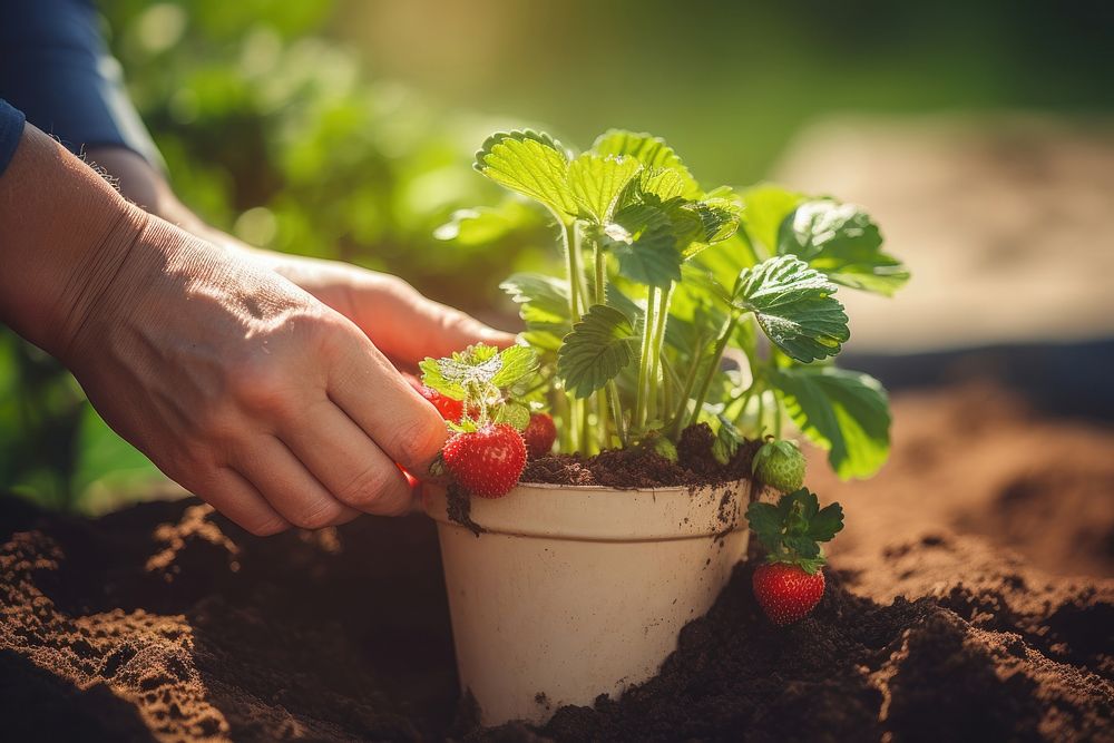 Strawberries plant garden strawberry gardening. AI generated Image by rawpixel.