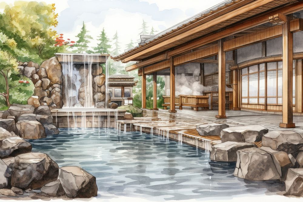 Spa onsen architecture outdoors backyard. AI generated Image by rawpixel.