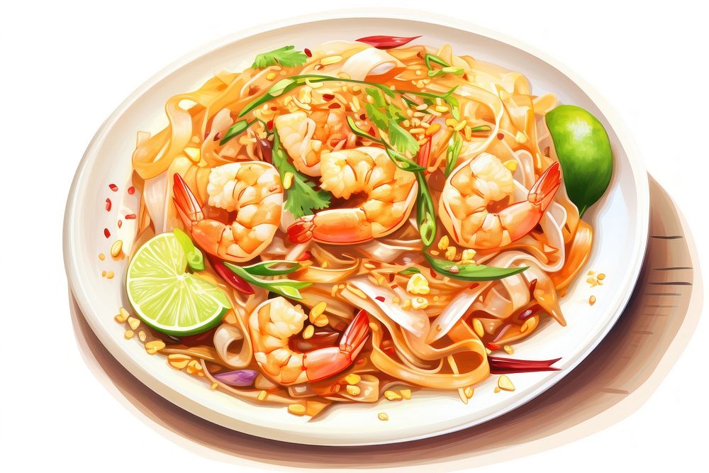 Illustration Of pad thai noodle plate food. AI generated Image by rawpixel.