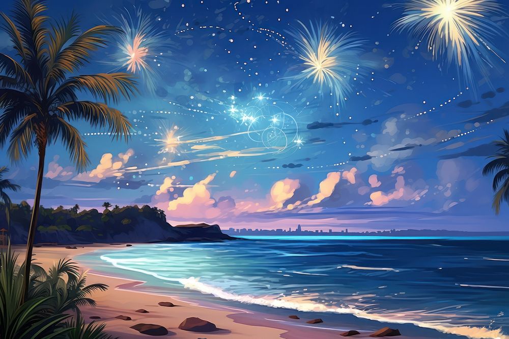 Beach sky fireworks outdoors. AI generated Image by rawpixel.