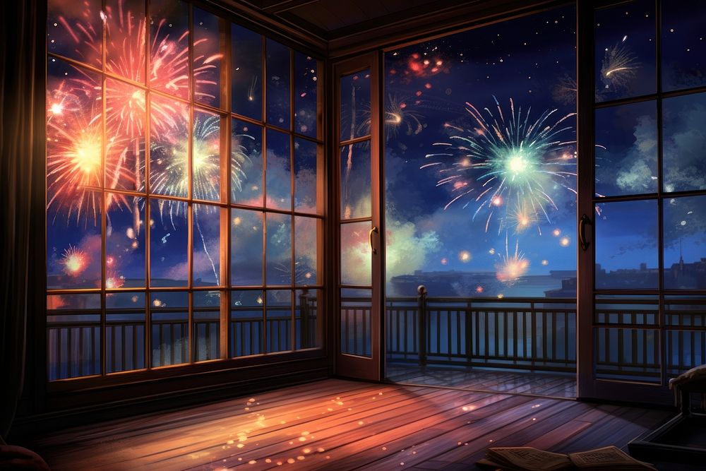 Fireworks window house architecture. AI generated Image by rawpixel.
