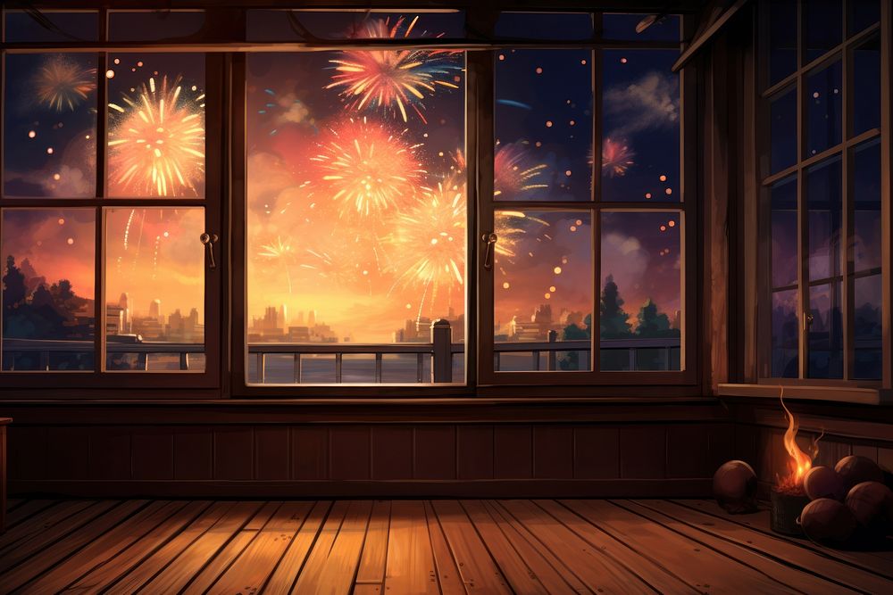 Window fireworks house architecture. AI generated Image by rawpixel.