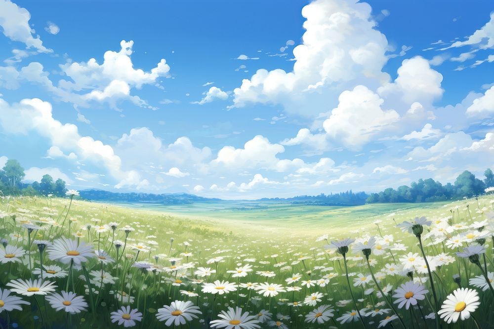 White flower field landscape grassland. AI generated Image by rawpixel.