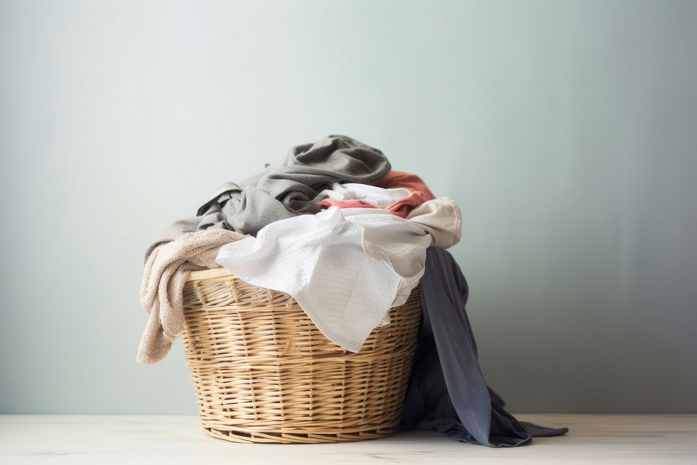 Dirty clothes laundry basket copy space. 