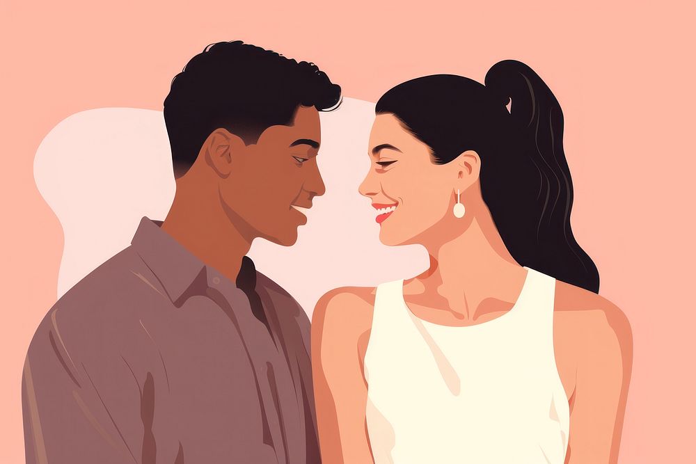 Couple dating adult face pink background. 