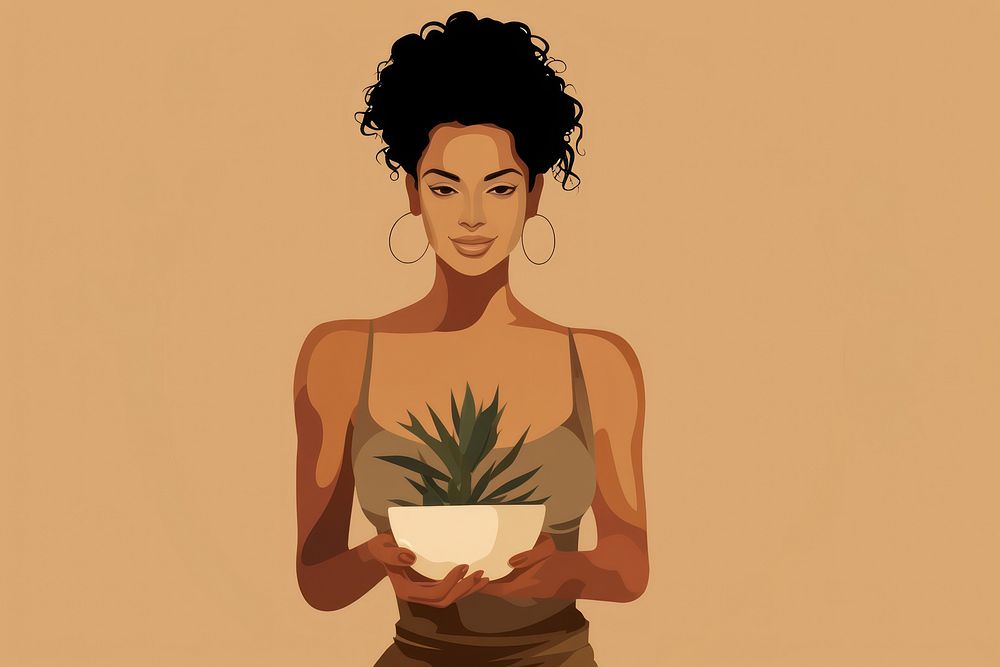 Woman casual look holding a cactus pot back art bromeliaceae. AI generated Image by rawpixel.