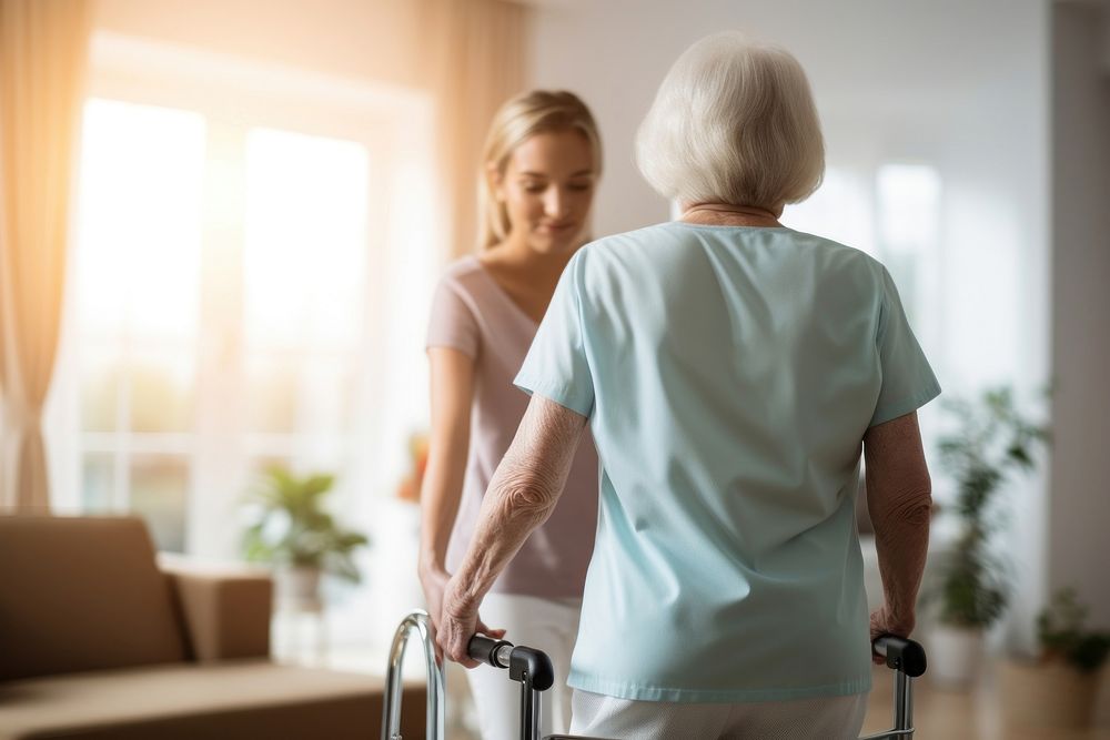 Young caregiver helping senior woman walking nurse patient adult. 