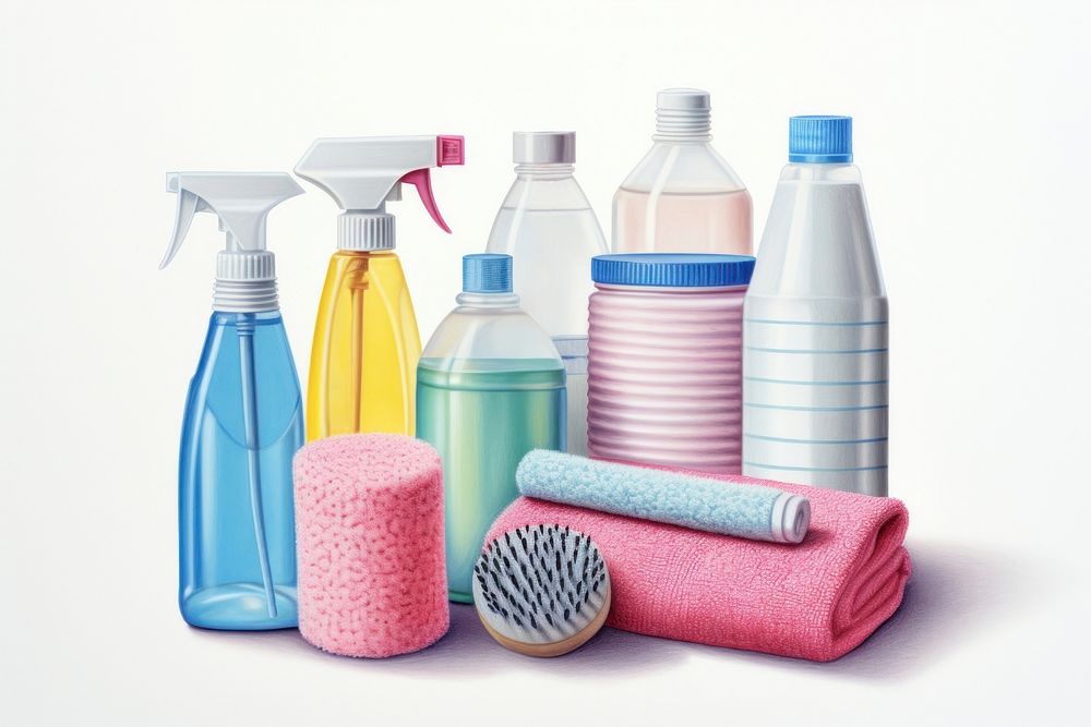 Bathroom cleaning supplies plastic bottle white background. AI generated Image by rawpixel.
