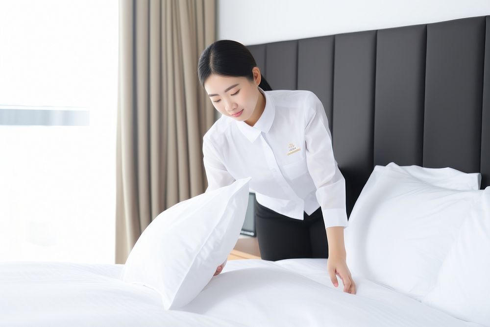 Hotel staff making bed. 