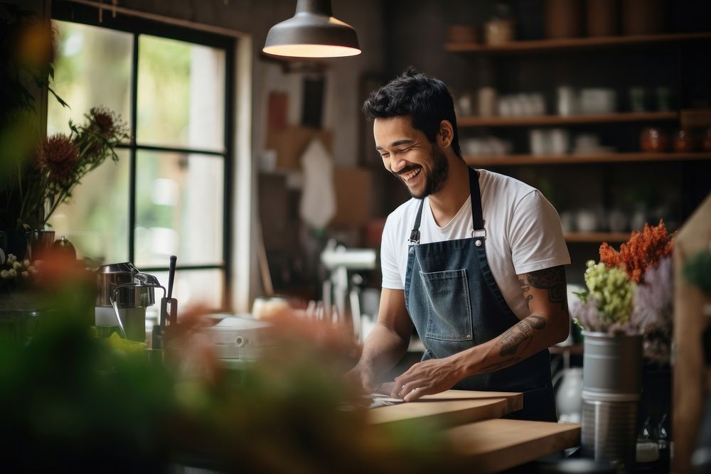 Happiness barista adult apron. AI generated Image by rawpixel.